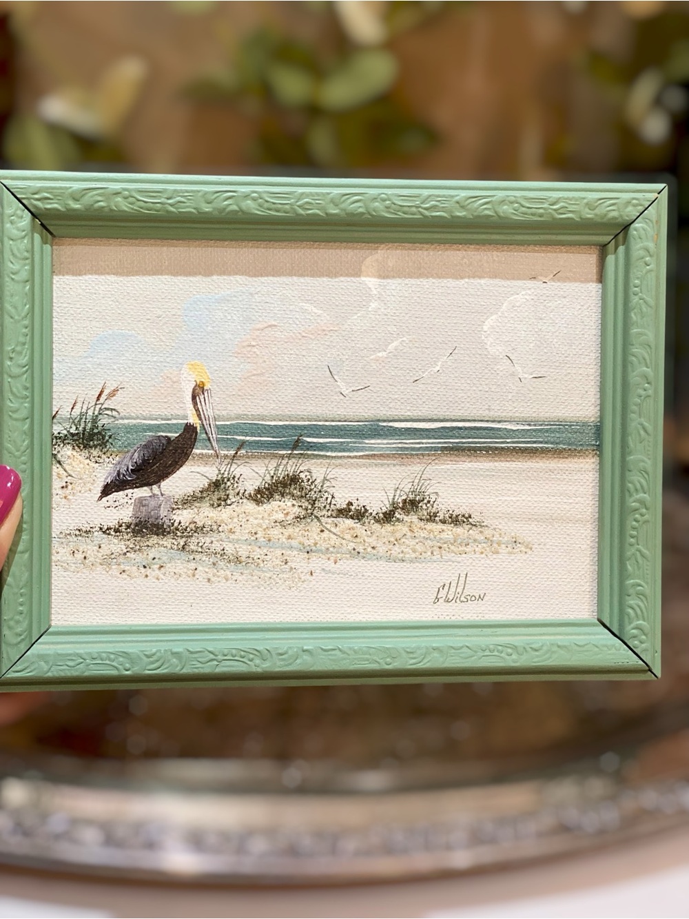 Vintage Original Painting on Board with Sand Wall Art Framed Beach Ocean Bird